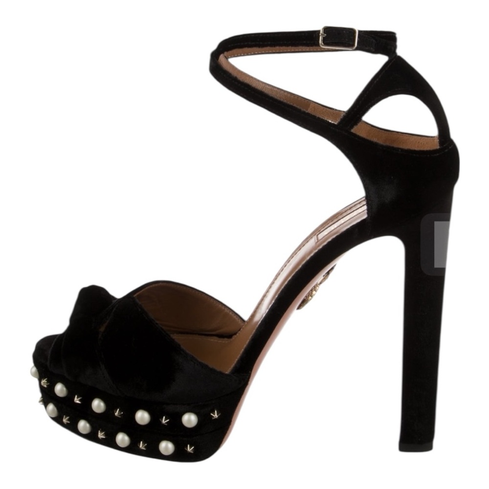Aquazzura Harlow Pearls Black Velvet Platform Heels, 40/10